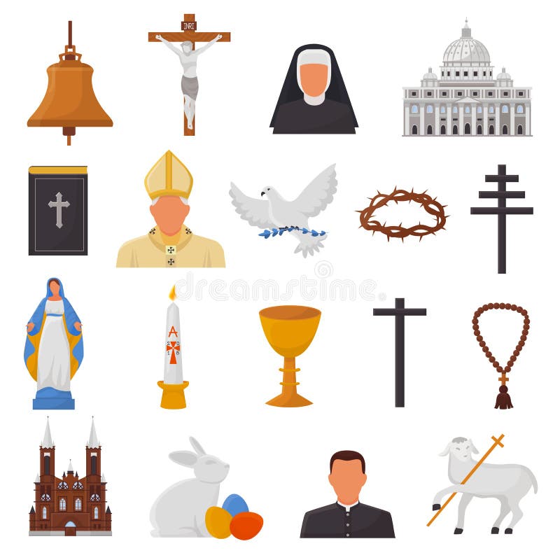 Christian icons vector christianity religion signs and religious symbols church faith christ bible cross hands praying to God biblical illustration isolated on white background. Christian icons vector christianity religion signs and religious symbols church faith christ bible cross hands praying to God biblical illustration isolated on white background.