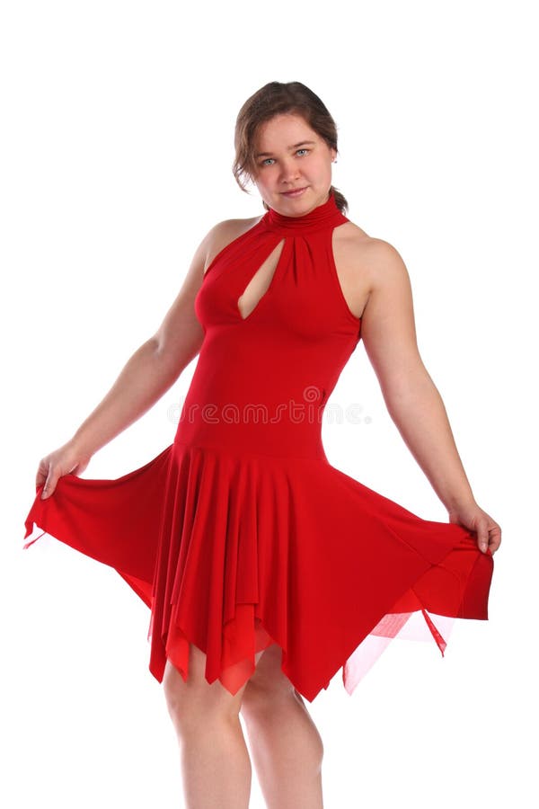 Chubby girl in red dress dancing