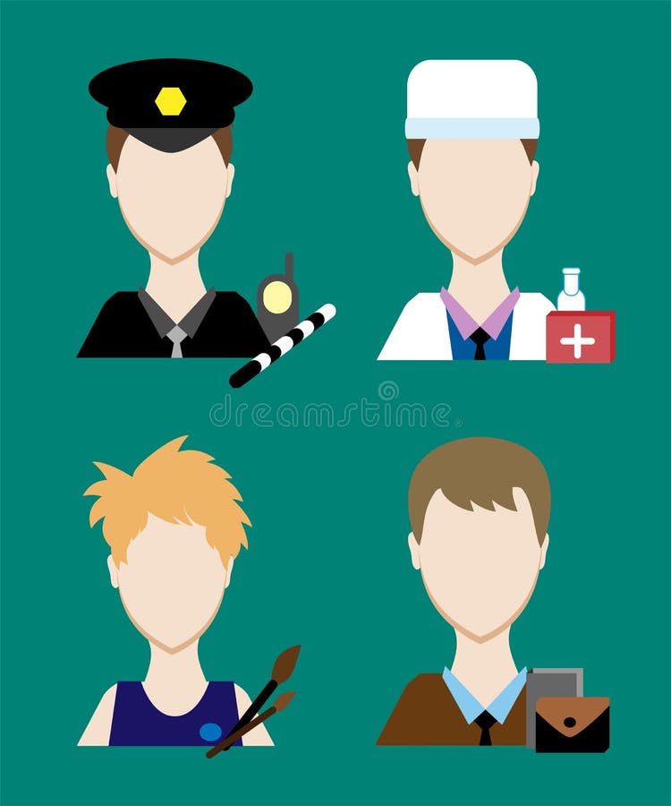 Chui dos povos da profissão, doutor, um artista, um homem de negócios Homens da cara uniformes Avatars no projeto liso ilustração do vetor Chui dos povos da profissão, doutor, um artista, um homem de negócios Homens da cara uniformes Avatars no projeto liso ilustração do vetor