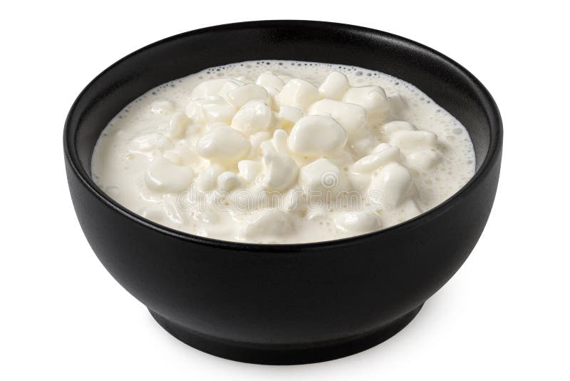 Chunky Cottage Cheese with Whey in a Black Ceramic Bowl Isolated on White Stock Photo Image of
