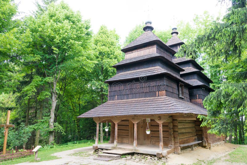 Church of Archangel Michael from Tysovets village  at Museum of Folk Architecture and Rural Life in Lviv, Ukraine