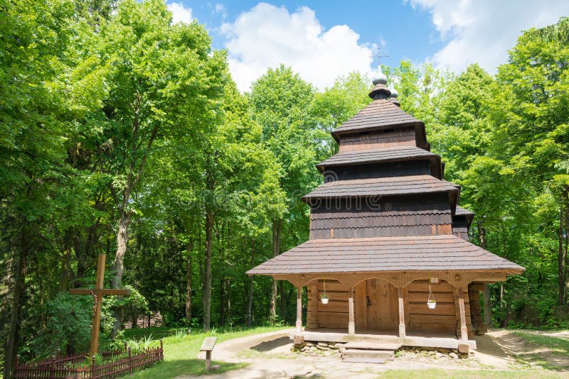 Church of Archangel Michael from Tysovets village  at Museum of Folk Architecture and Rural Life in Lviv, Ukraine