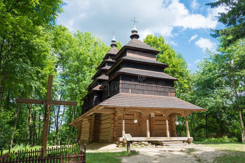 Church of Archangel Michael from Tysovets village  at Museum of Folk Architecture and Rural Life in Lviv, Ukraine