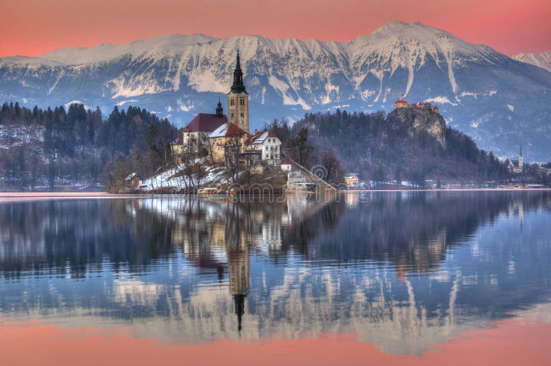 Lake Bled, The Church of the Assumption of the Virgin Mary, Bled Island, Slovenia - sunset in violet