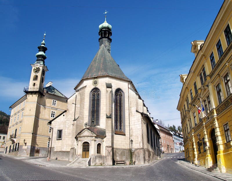 Church in Banska Stiavnica. Slovakia. Mining town Banska Stiavnica is one of the most interesting towns in Slovakia and inscribed in UNESCO world heritage list stock image Church in Banska Stiavnica. Slovakia. Mining town Banska Stiavnica is one of the most interesting towns in Slovakia and inscribed in UNESCO world heritage list stock image