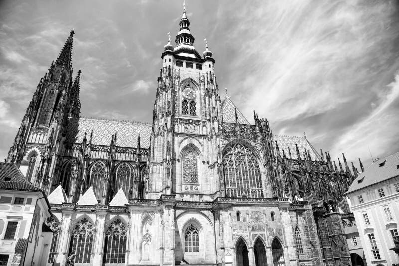 Church building in prague, czech republic. St.vitus cathedral on cloudy blue sky. Monument of gothic architecture and.