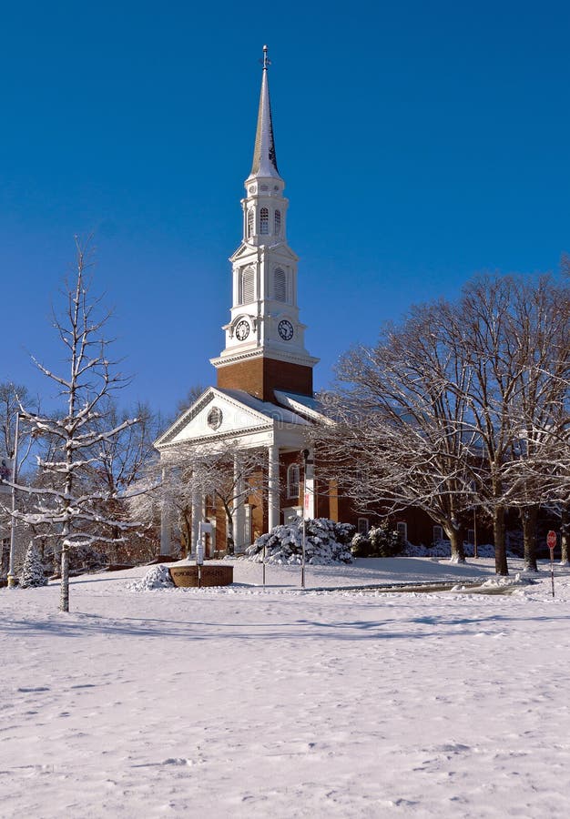 Church building on a snowy morning