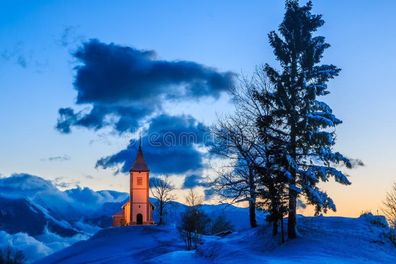 Church at dawn in winter