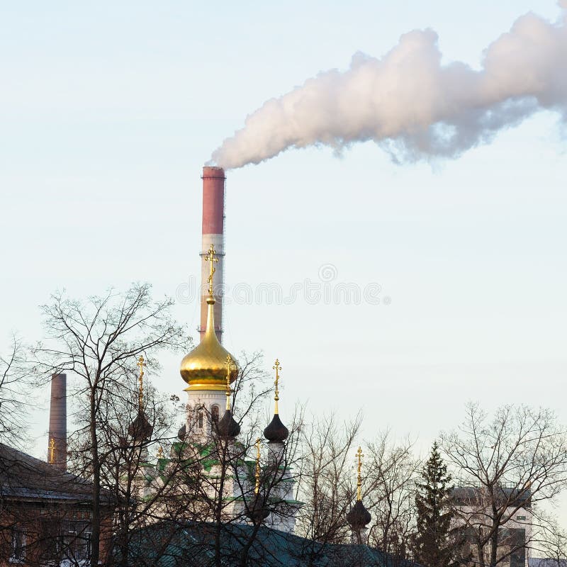 Church and Factory Pipe with Smoke Stock Image Image of steam, dome