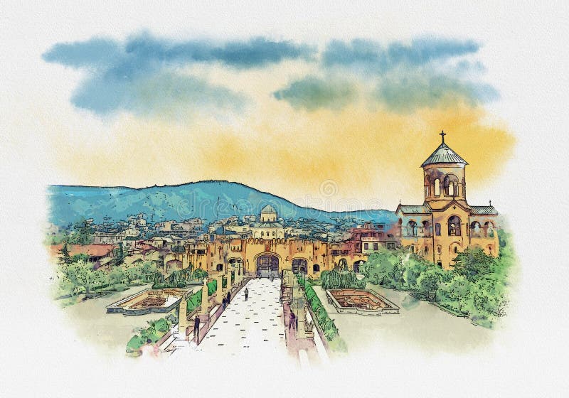 Holy Trinity Cathedral, Tbilisi. The main Cathedral of the Georgian Orthodox Church. Watercolor sketch royalty free illustration