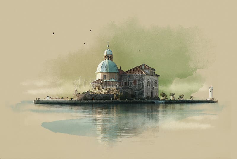 The Church on the island (Gospa OD Skrpjela) in Perast, Montenegro. Watercolor sketch. Sepia.