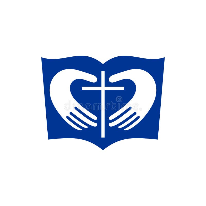 Church logo. Christian symbols. The Bible, hands forming the heart and the cross of Jesus. vector illustration Church logo. Christian symbols. The Bible, hands forming the heart and the cross of Jesus. vector illustration