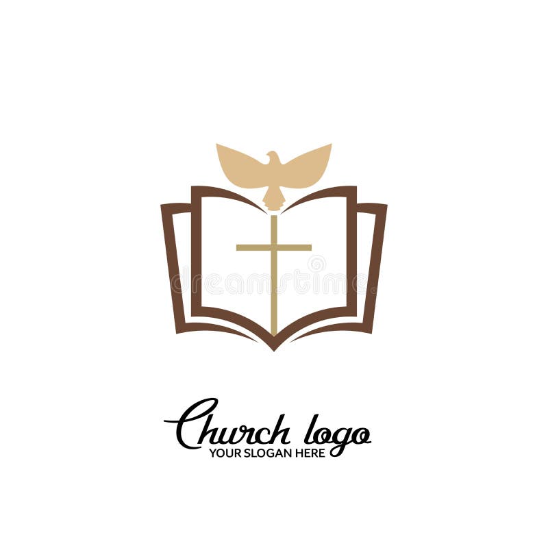 Church logo. Christian symbols. The cross of Jesus, the Bible and the dove - the Holy Spirit