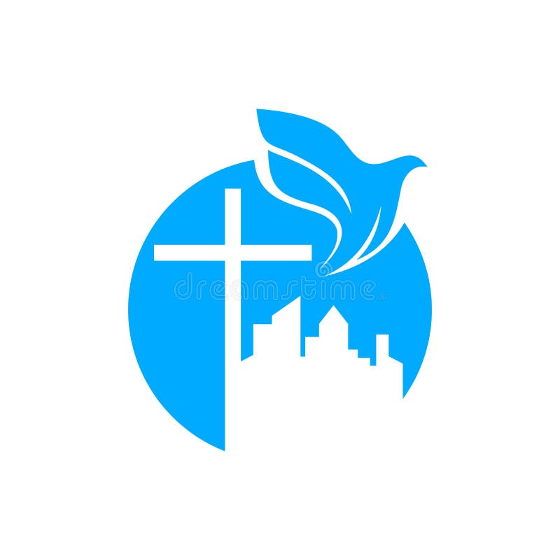 Church logo. Christian symbols. The cross of Jesus and the dove over the city.