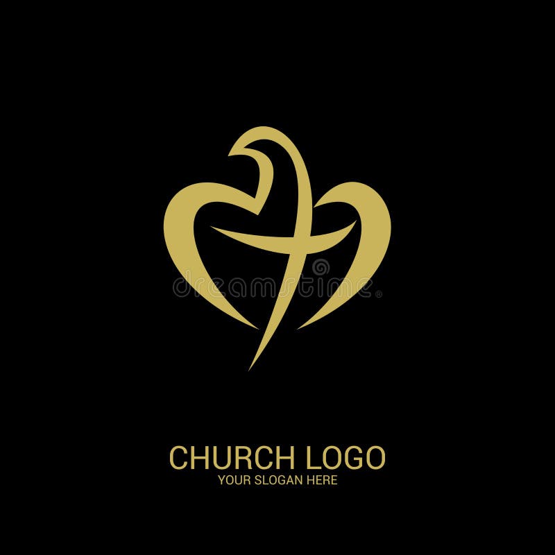 Church logo. Christian symbols. A dove forming a heart, and inside the cross of Christ.