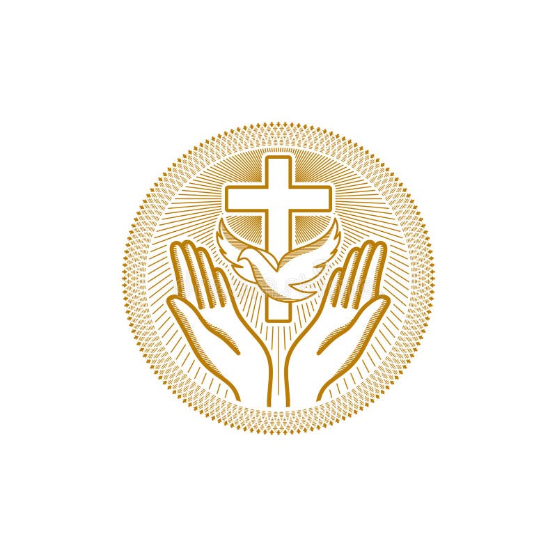 Church logo. Christian symbols. The symbol of the Holy Spirit is the dove, the cross of Jesus Christ, and the praying hands below