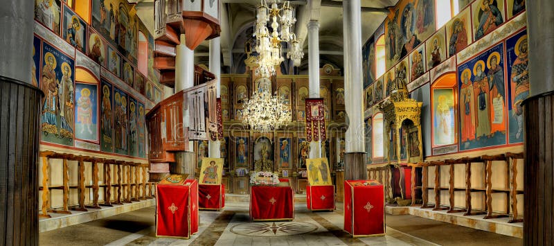 Church panorama, colorful interior