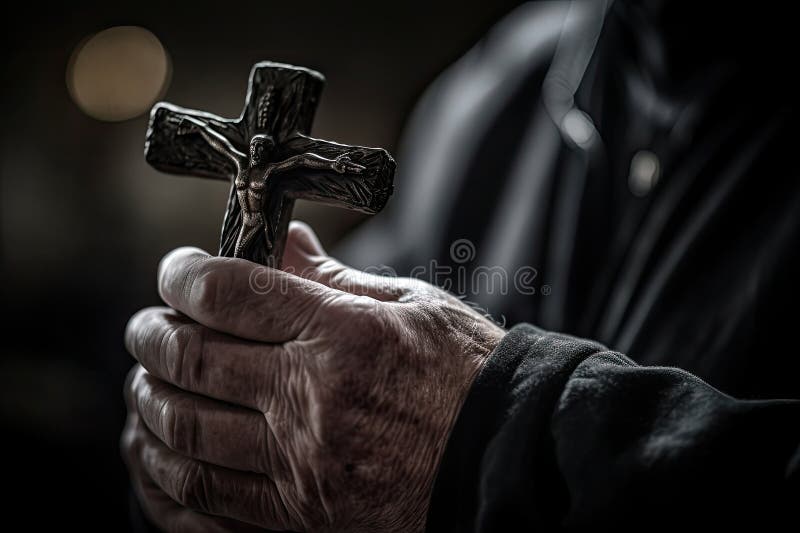 Church Priest Holds Religious Cross in Hands. Generative AI Stock