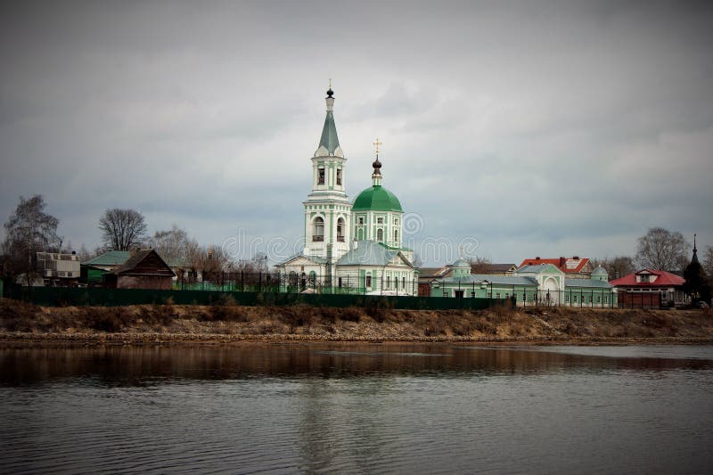 Church on the river Volga stock photo. Image of clouds 91160788