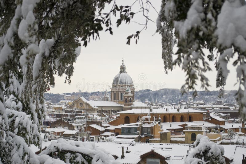 Church of Rome under snowfall