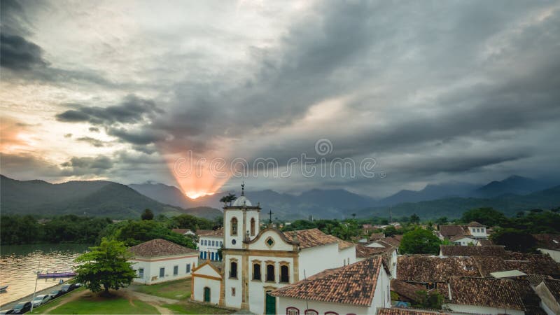 Aerea view Church of & x22;Santa Rita de Cassia & x22; in Paraty, Rio de Janeiro, at twilight stock image Aerea view Church of & x22;Santa Rita de Cassia & x22; in Paraty, Rio de Janeiro, at twilight stock image