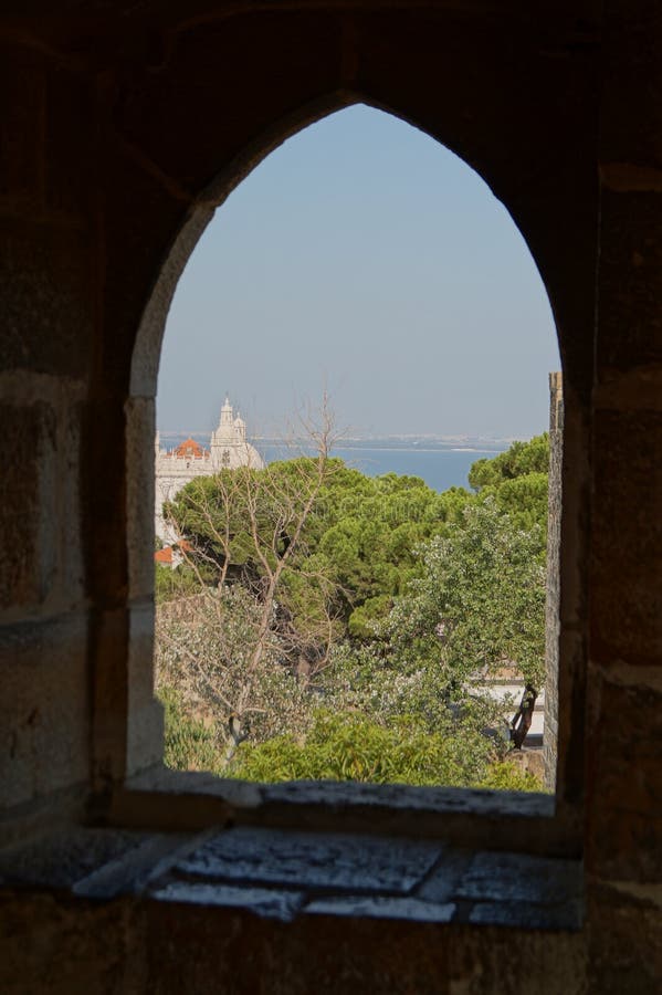 Church seen through window stock photo Church seen through window stock photo