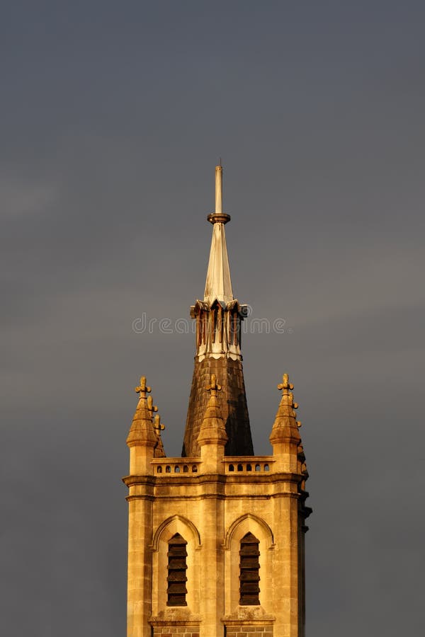 Church spire at sunset
