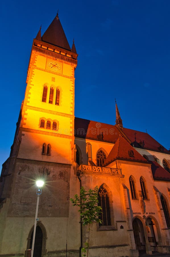 The church of st. Egidius on Town hall square in Bardejov town during evening