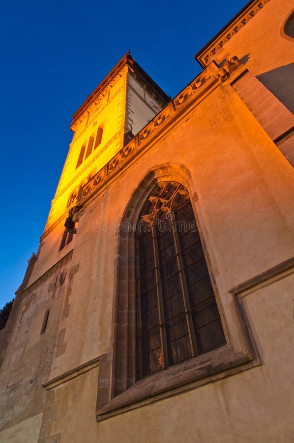 The church of st. Egidius on Town hall square in Bardejov town during evening