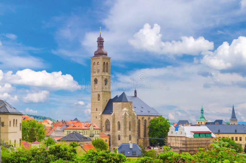 The Church of St James catholic church building with clock tower close-up in Kutna Hora