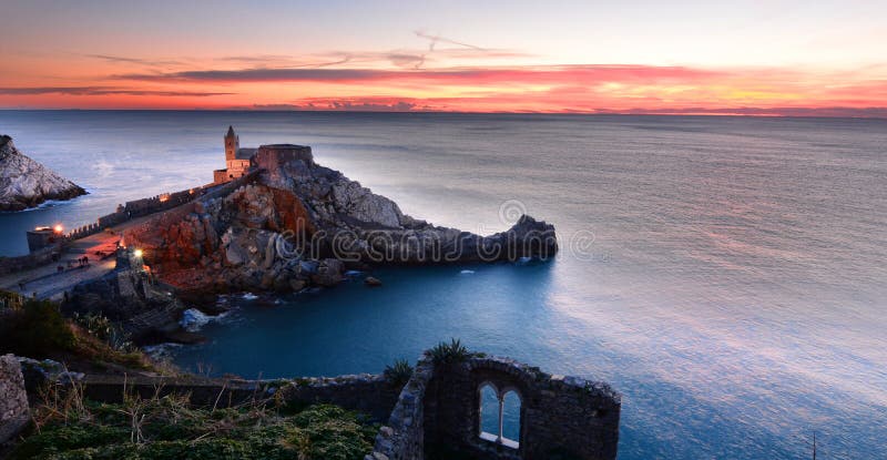 Church of St. Peter at sunset. Portovenere. Liguria, Italy