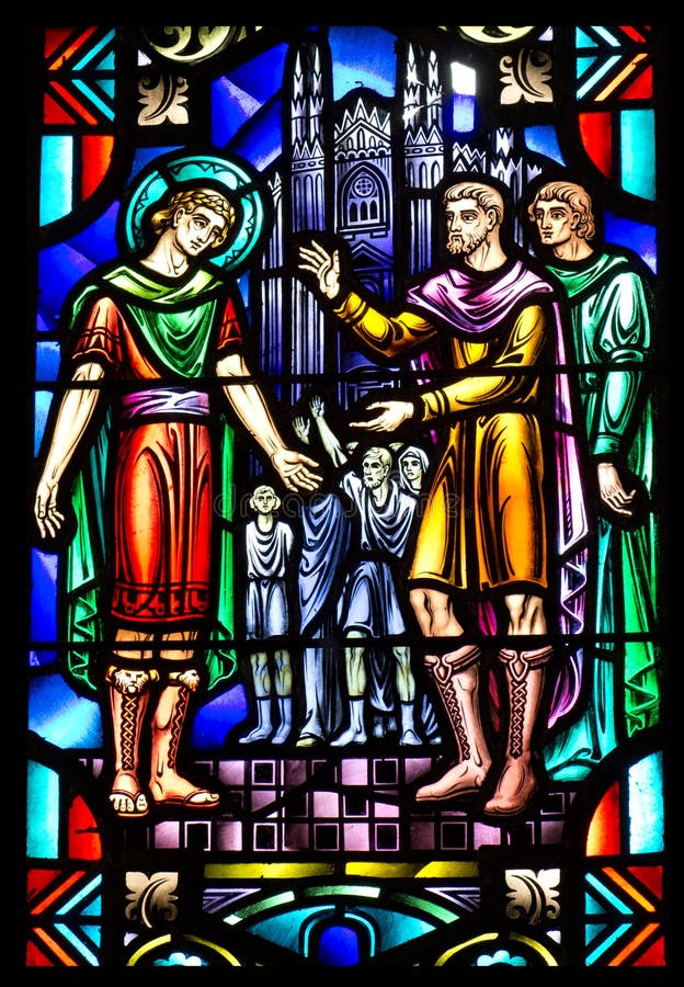Church Stained Glass Window with Religious Scene stock images Church Stained Glass Window with Religious Scene stock images