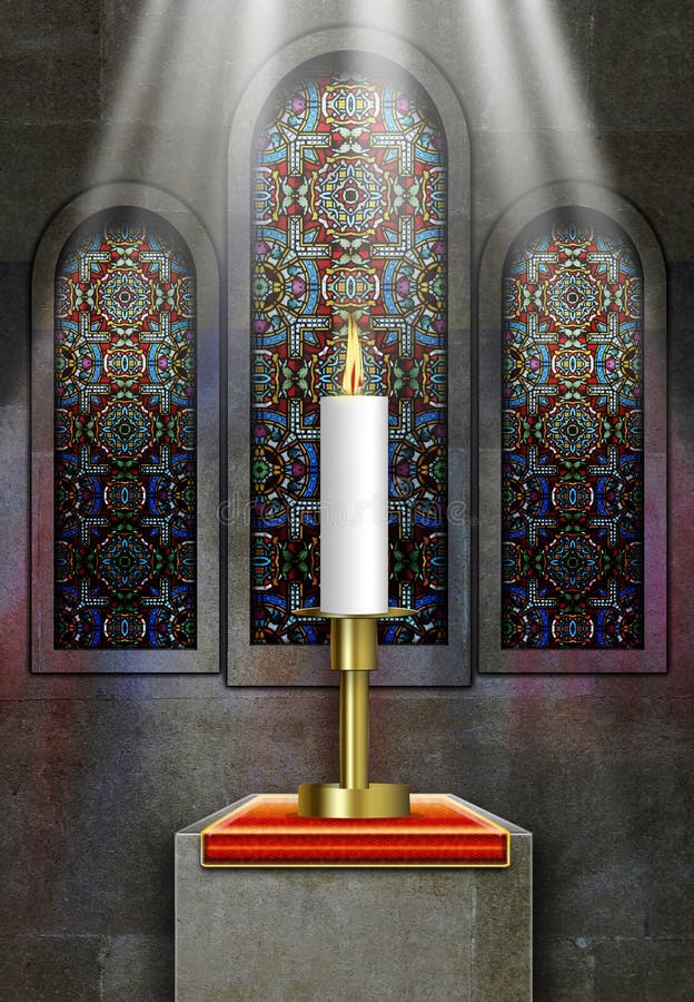 Church stained glass windows with lit candle