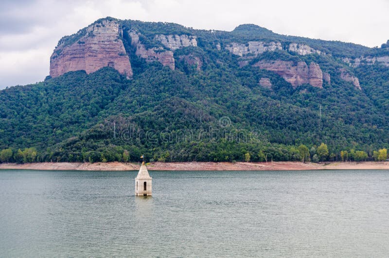 Church tower in Sau Reservoir, Catalonia, Spain