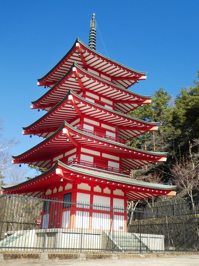 Chureito Pagoda with blue sky in Sunny Day. Fujiyoshida City, Japan royalty free stock photography