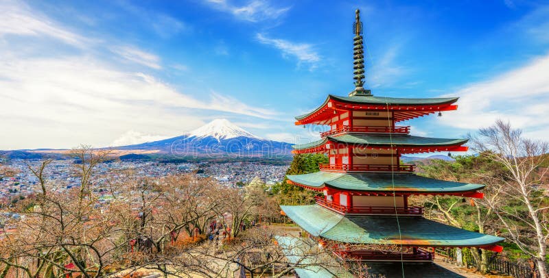 Chureito red pagoda and mount Fuji background, japan stock photo Chureito red pagoda and mount Fuji background, japan stock photo