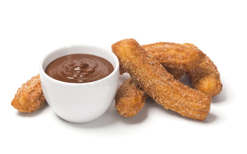 Churros with Chocolate on White Background stock images