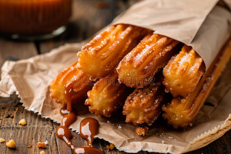This mouth watering image features freshly made churros filled with creamy dulce de leche. The close up captures the golden texture of the churros and the rich, sweet filling, perfect for culinary websites, food blogs, and dessert marketing. This mouth watering image features freshly made churros filled with creamy dulce de leche. The close up captures the golden texture of the churros and the rich, sweet filling, perfect for culinary websites, food blogs, and dessert marketing.