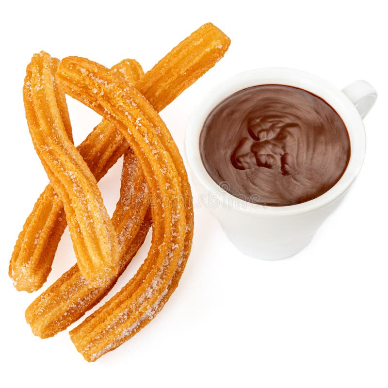 Churros med chokladkoppen Churro - stekt degbakelse med sockerpulver som isoleras på vit bakgrund arkivfoton Churros med chokladkoppen Churro - stekt degbakelse med sockerpulver som isoleras på vit bakgrund arkivfoton