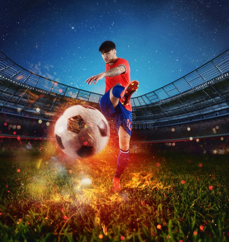 Bola de batida poderosa com efeito de trilha de fogo do jogador de futebol  no jogo de futebol forte chute de bola de futebol