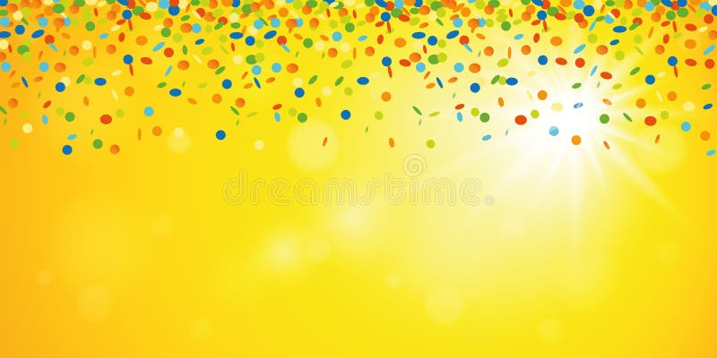 Colorful confetti rain on yellow sunny summer background vector illustration EPS10. Colorful confetti rain on yellow sunny summer background vector illustration EPS10