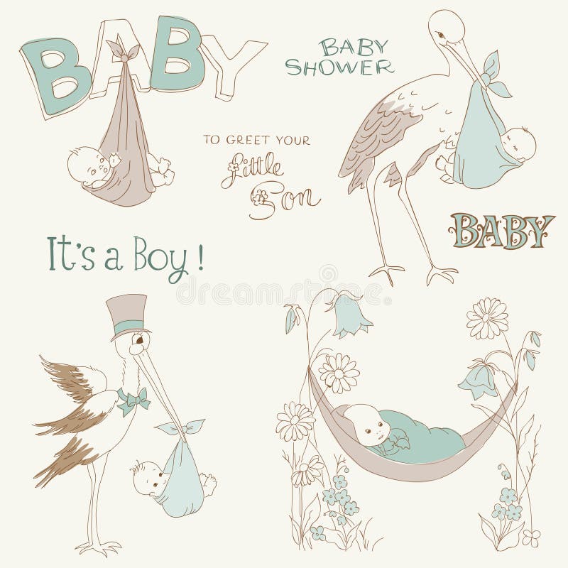 Chuveiro do bebé do vintage e Doodles da chegada ajustados ilustração stock Chuveiro do bebé do vintage e Doodles da chegada ajustados ilustração stock