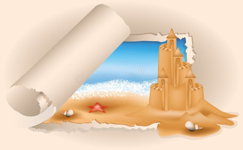 Château de sable de carte d'été sur la plage illustration stock Château de sable de carte d'été sur la plage illustration stock