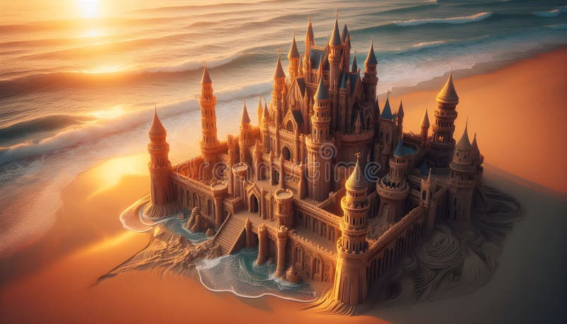 Château de sable majestueux brillant sous un coucher de soleil chaleureux architecture détaillée éclairage cinématique illustration stock