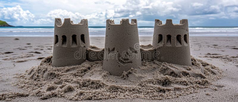 Château de sable sur la plage. L'image représente un château de sable sur une plage. Le château de sable est composé de trois tours distinctes chacune avec un design unique. La tour gauche est la plus haute et a un sommet pointu tandis que la tour centrale est légèrement plus courte et a un sommet plus arrondi. La tour droite est la plus courte et a un sommet plat. Le château de sable est situé au centre de l'image entouré d'une grande étendue de sable. La plage s'étend vers l'océan, visible en arrière-plan. Le ciel au-dessus est rempli de nuages créant une scène pittoresque. IA générée