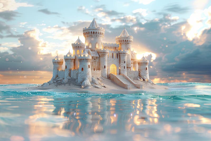 Château De Sandcastle Majestueux Dans Le Coucher De Soleil Océan. Concept d'une scène onirique avec un majestueux château de sable brillant de lumière dorée entourée de vagues océaniques sereines