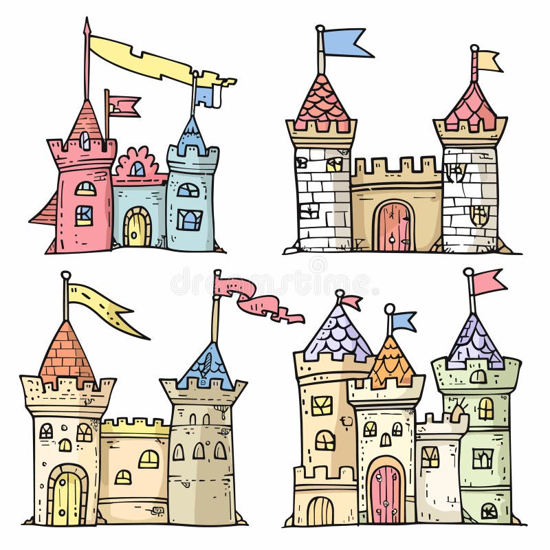 Châteaux dessinés colorés style dessin animé architecture médiévale tours drapeaux. conte fantastique illustration libre de droits