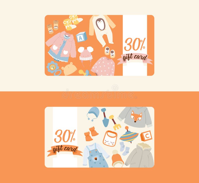 Chèque-cadeau d'achats de vecteur de magasin de bébé de chapeau de combinaison de vêtements d'enfant nouveau-né de jeux de jouets illustration stock Chèque-cadeau d'achats de vecteur de magasin de bébé de chapeau de combinaison de vêtements d'enfant nouveau-né de jeux de jouets illustration stock