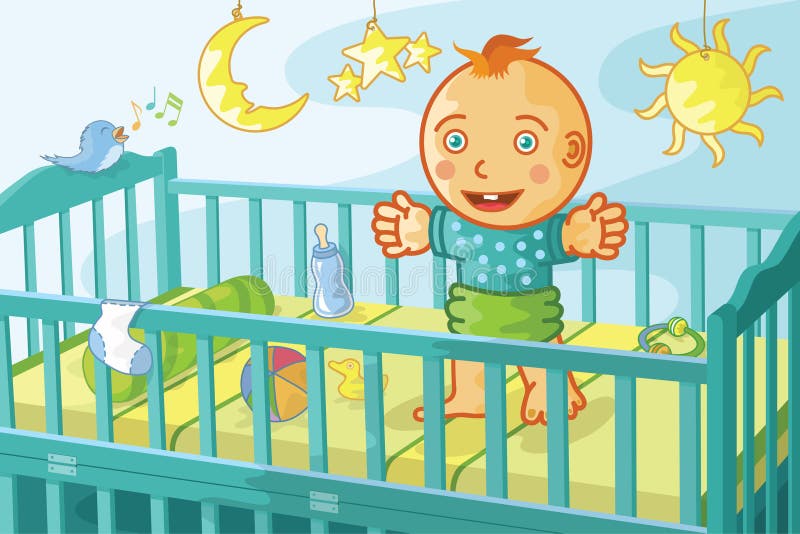 Happy baby in crib rendered as detailed vector and colorful drawing. Happy baby in crib rendered as detailed vector and colorful drawing