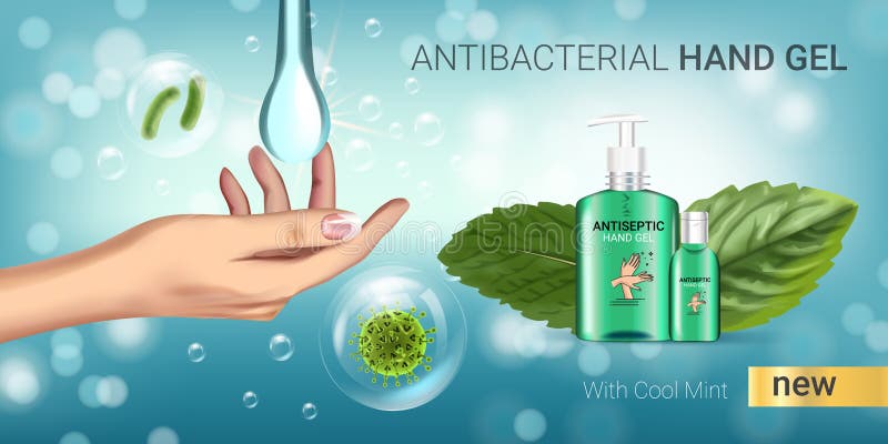 Chłodno nowego smaku ręki gel Antibacterial reklamy Wektorowa ilustracja z antyseptycznym ręki gel w butelek i nowych liści eleme royalty ilustracja Chłodno nowego smaku ręki gel Antibacterial reklamy Wektorowa ilustracja z antyseptycznym ręki gel w butelek i nowych liści eleme royalty ilustracja